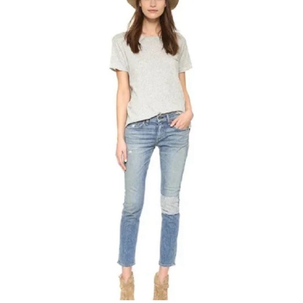 rag & bone mid-rise tomboy jeans in ludlow distressed denim, size 28